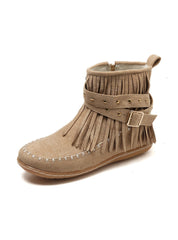 Fringed Rivet Belt Buckle Flat Booties