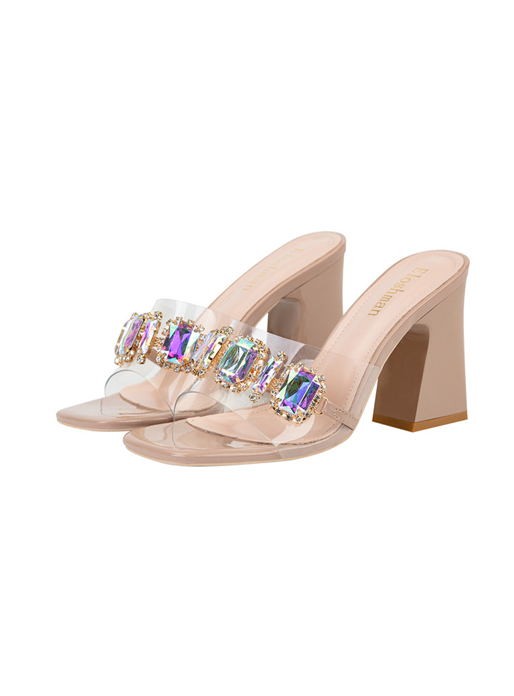 Thick-heeled Metal Diamond Buckle Slippers