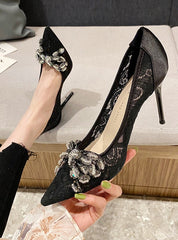 Pointed Mesh Lace Stiletto Heels