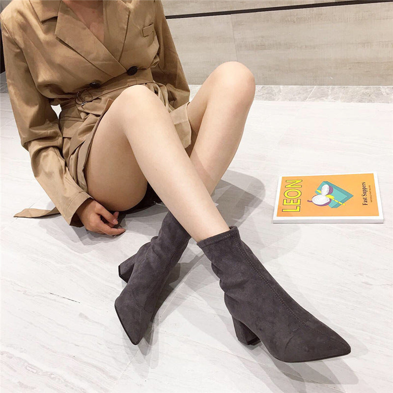 Pointed Female Thick Heel Elastic Socks Boots