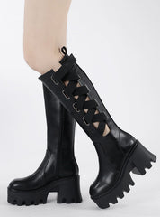 Black Round-headed Cross-strap Thick-soled Boots