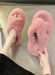 Women Fur Slippers Fashion Cross Band Warm Plush