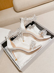 White Rhinestone Stiletto Sandals