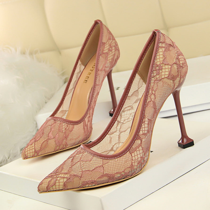 Lace Mesh Shallow Pointed High Heels