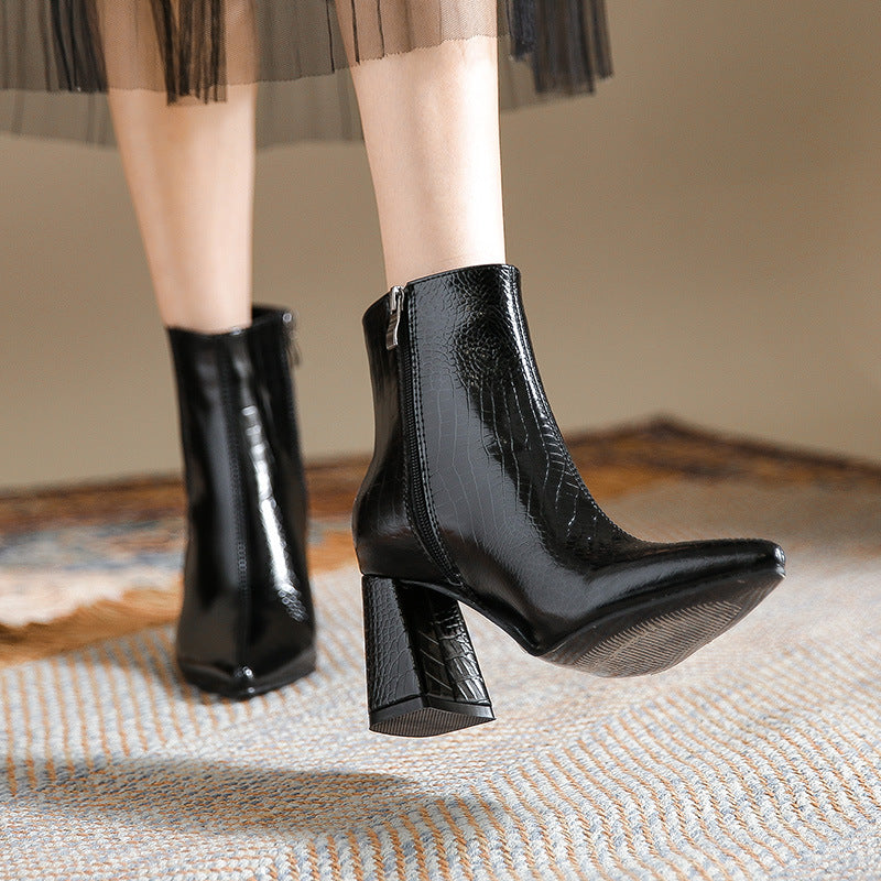 Pointed Patent Leather High Heel Knitted Boots