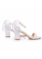 7 cm Thick Heel Round Toe Beaded High Heel Sandals