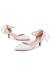 5 cm Thin-heeled Pointed White Beaded Sandals