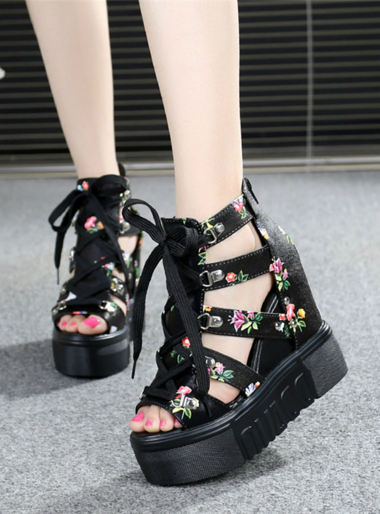Wedges Open Toe Platform Sandals Lace Up Shoes
