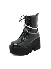 Pearl Chain Thick Bottom Side Zipper Women's Boots