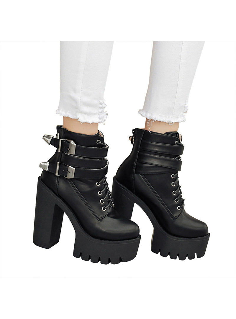 High Heels Platform Buckle Lace Up Leather