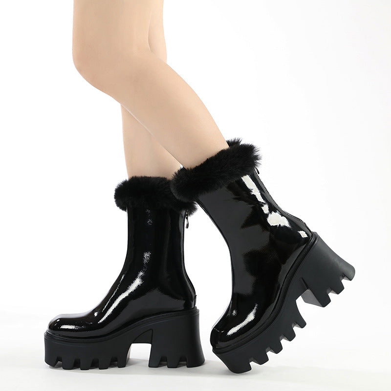Black Plush Round-headed Platform Martin Boots