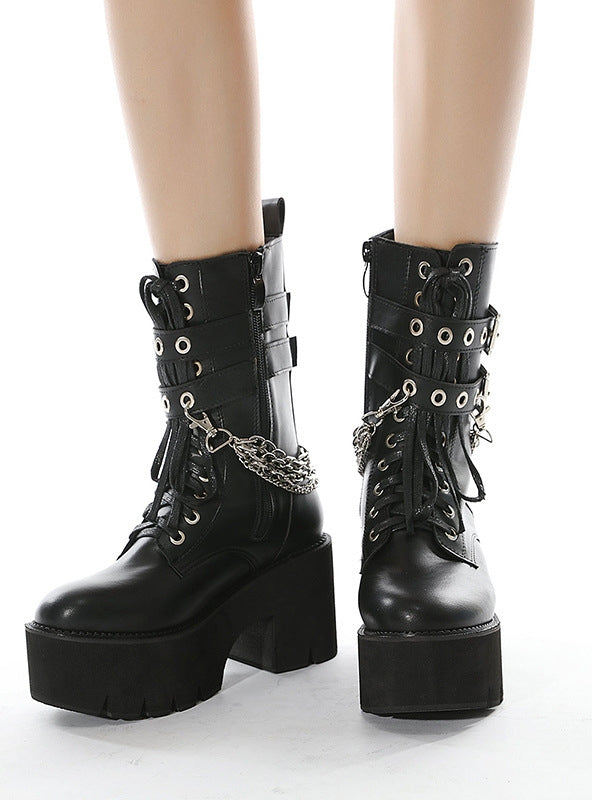 Thick Heel Side Zipper Thick Soled Rivet Belt Buckle Martin Boots