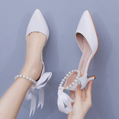 5 cm Thin-heeled Pointed White Beaded Sandals