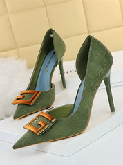 Shallow Pointed Square Buckle High Heels