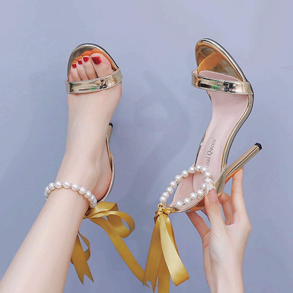 11 cm Stiletto Beaded Ribbon Sandals