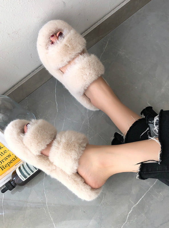 Women Fur Slippers Fashion Cross Band Warm Plush