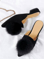 Women Flats Shoes Pompom Faux Fur Pointed Toe