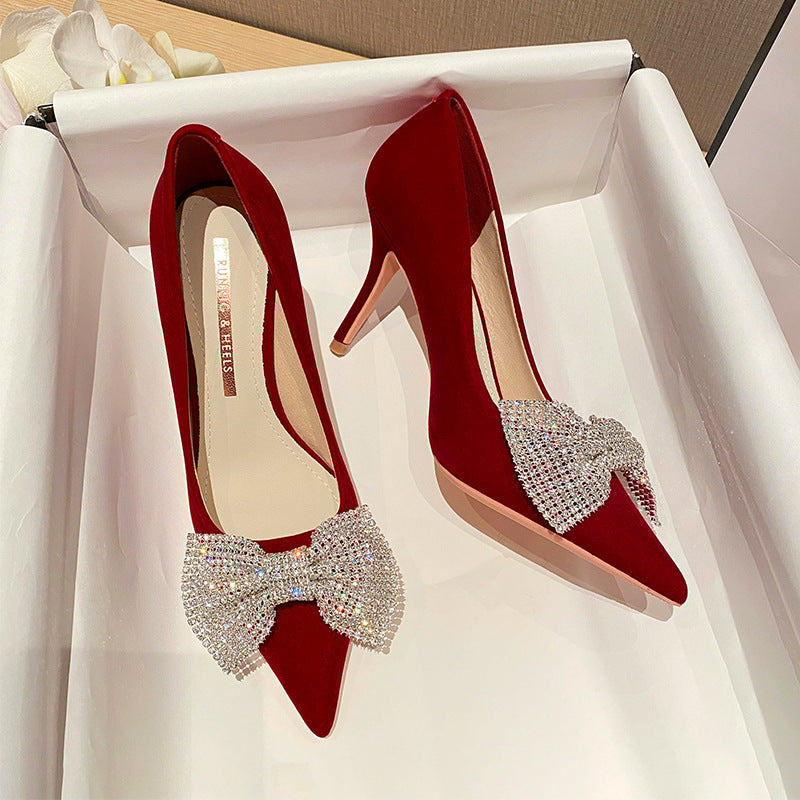 Red High-heeled Bow Wedding Shoes