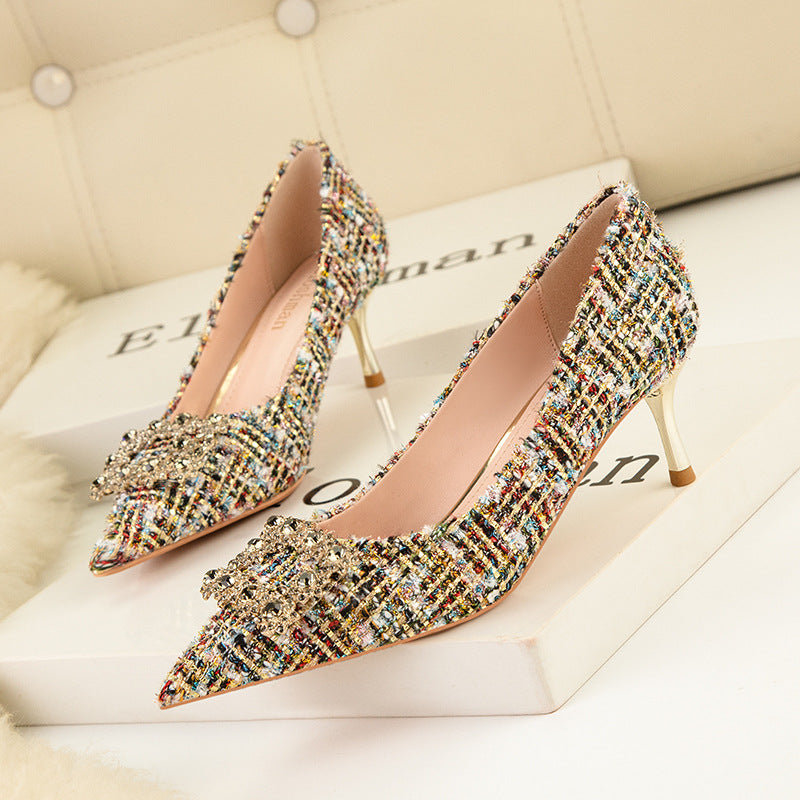 Shallow-mouthed Shiny Rhinestone Buckle High Heels