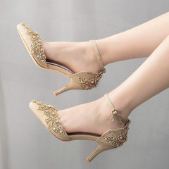 7 CM Thin Heel Pointed Gold Sequined Sandals