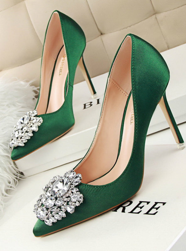 Rhinestone Silk Satin High Heels Shoes Thin Pointed