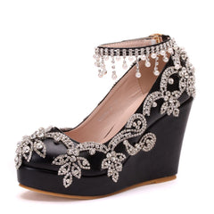 Beaded Tassel Round Toe High Heels Wedding Shoes