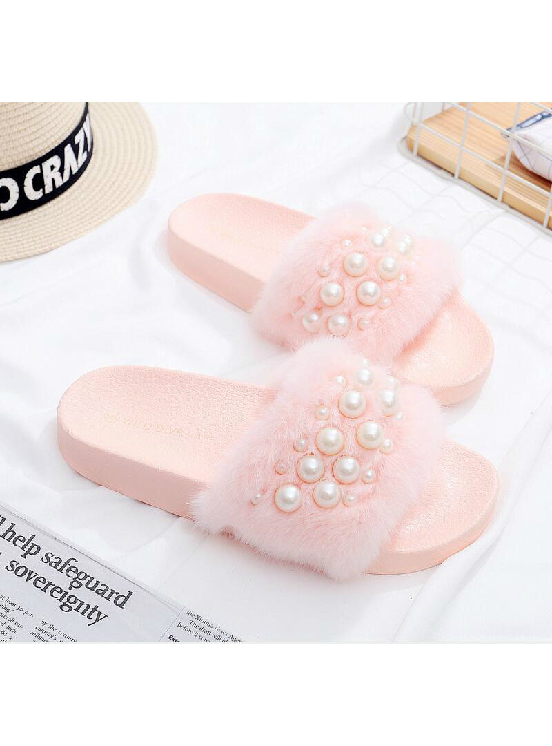 Fluffy Women Fur pearl Slippers Open Toe Flops