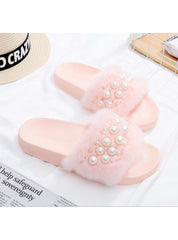 Fluffy Women Fur pearl Slippers Open Toe Flops