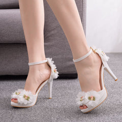 Stiletto Heels Fish Mouth White Flower Sandals