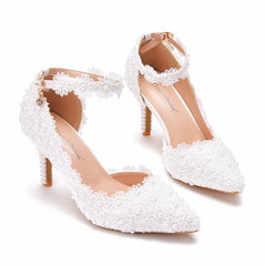 White Lace Pointed Heels Wedding Shoes