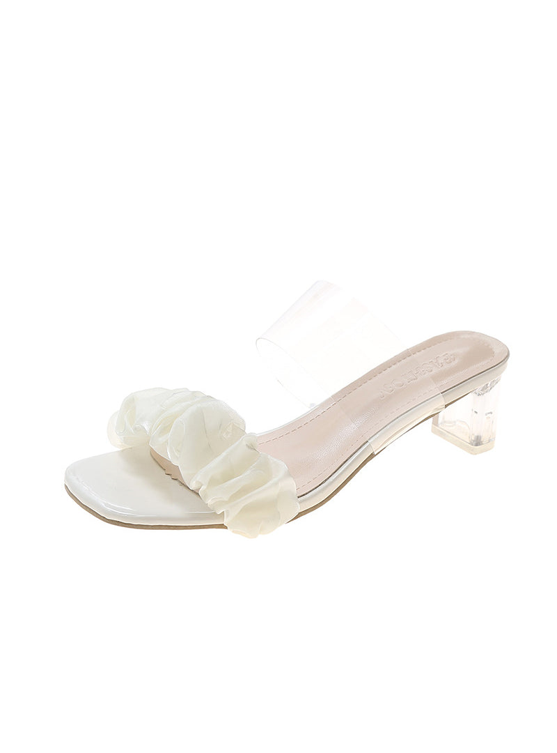 Thick-heeled Square-headed Pleated Slippers