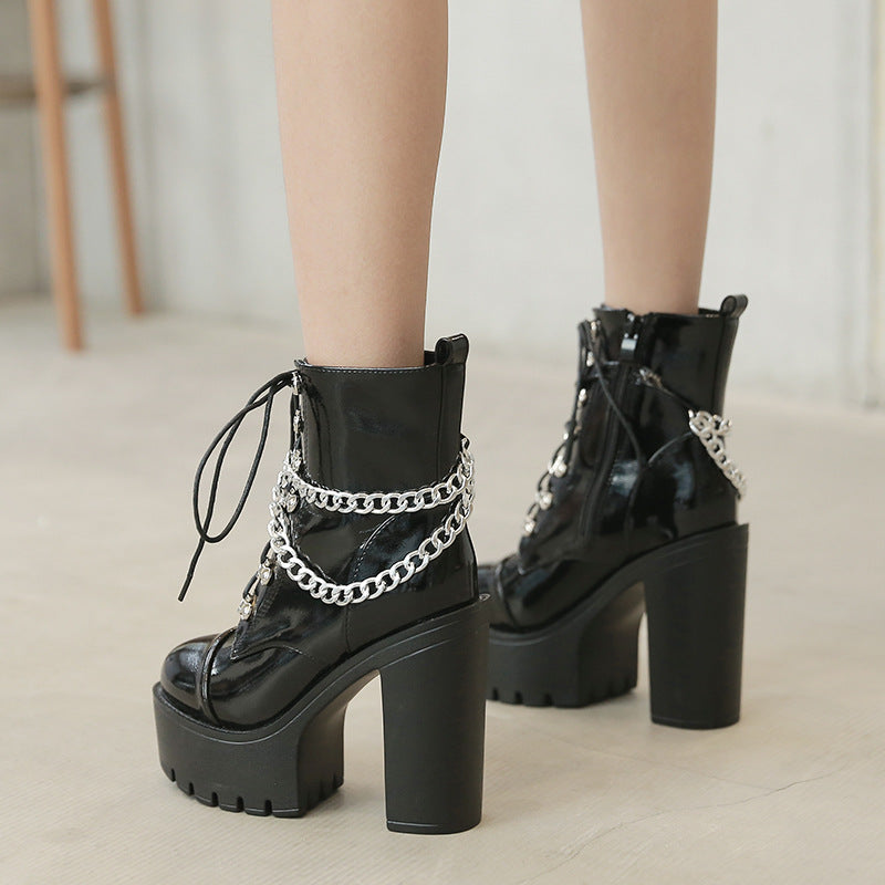 Patent Leather Metal Chain Martin Boots