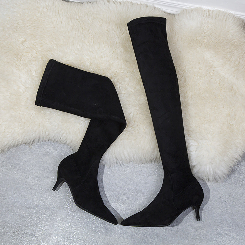 High Heel Suede Pointed Knee Boots