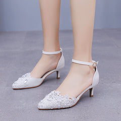 5 cm Thin-heeled Pointed White Lace Sandals