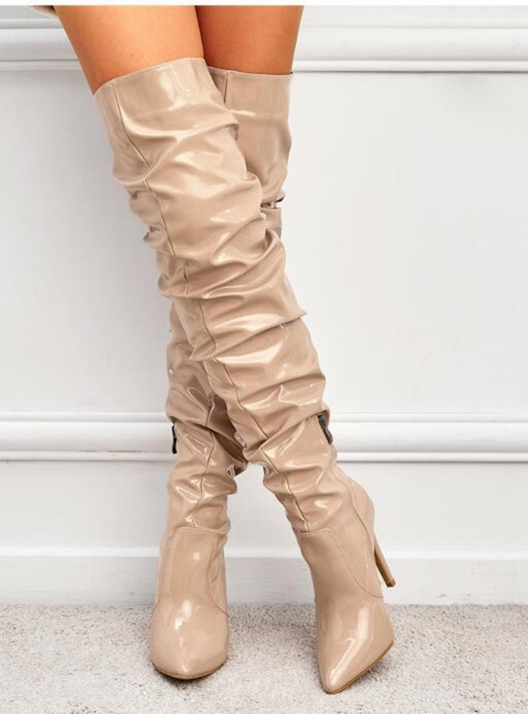 Elastic Pointed Patent Leather Over Knee Boots