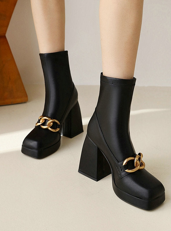 Retro Thick Heel Chain Square Martin Boots