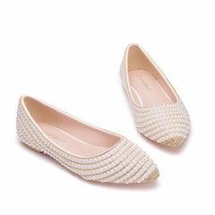 White Gold Chain Pearl Flat Wedding Shoes