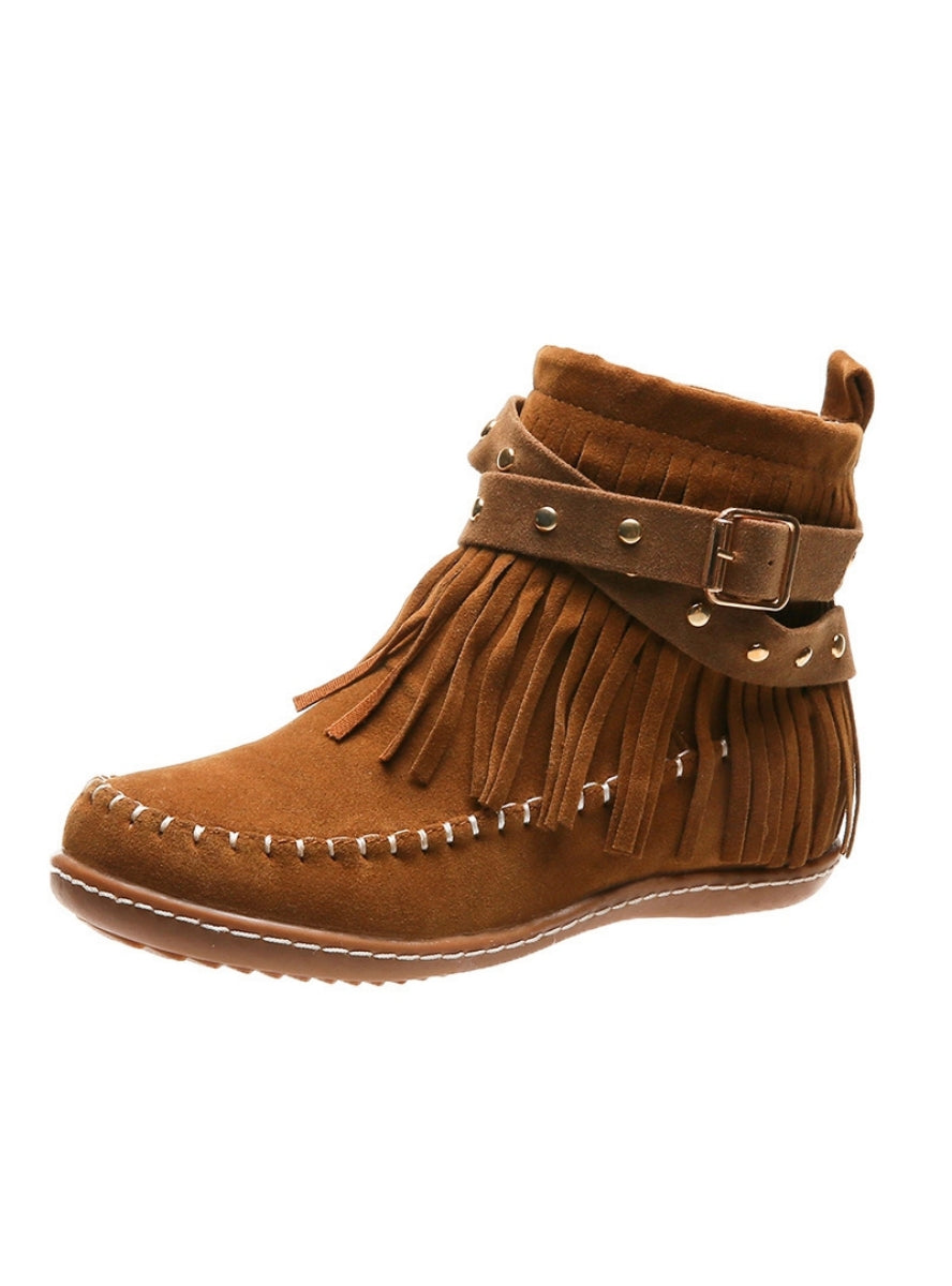 Fringed Rivet Belt Buckle Flat Booties