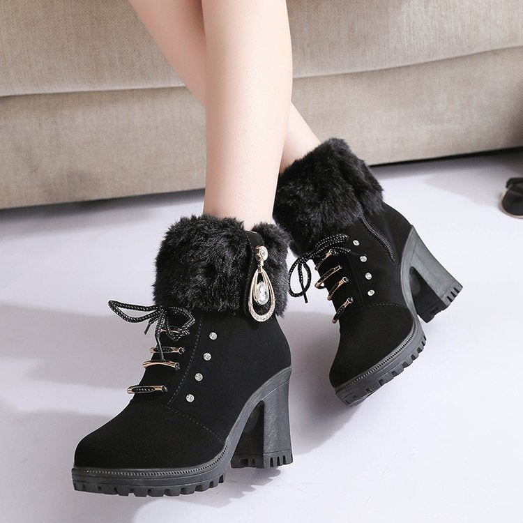 Rhinestone Thick Heel Short Boots