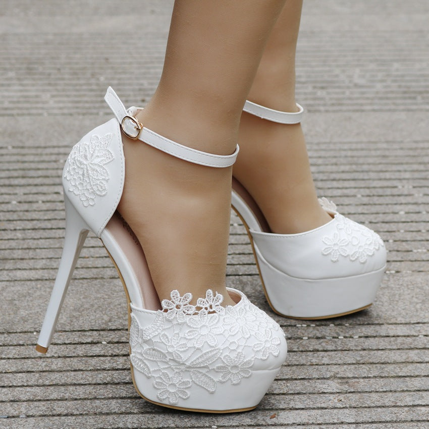 White Lace Hight Heels Bridal Shoes