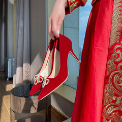 Red High Heels Pearls Wedding Shoes