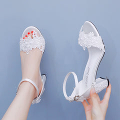 7 cm Flower Beaded Thick Heel Square Sandals