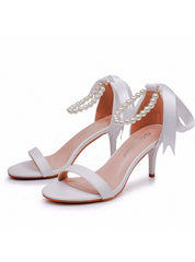 7 cm White Beaded Ribbon Stiletto Sandals