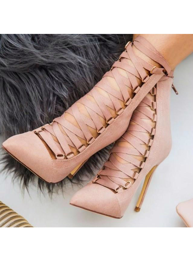 Lace Up High Heels Sandals Pointed Toe Boots