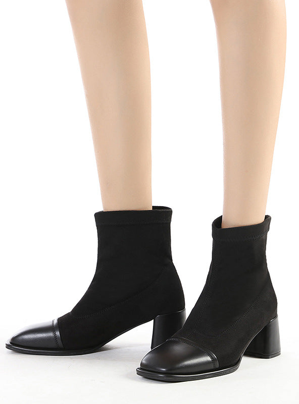 Suede Color Matching Square Head Short Martin Boots