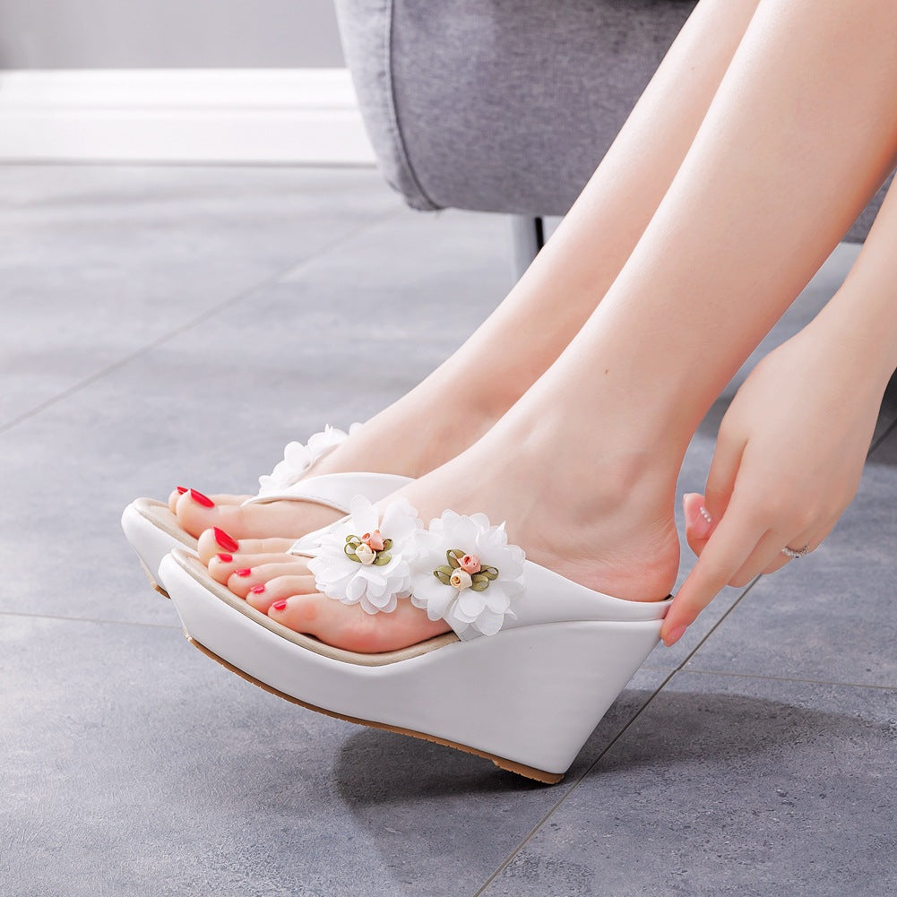 Large Size Flower Wedge Beach Slippers