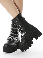 Metal Thick Bottom Zipper Round Head Chain Martin Boots