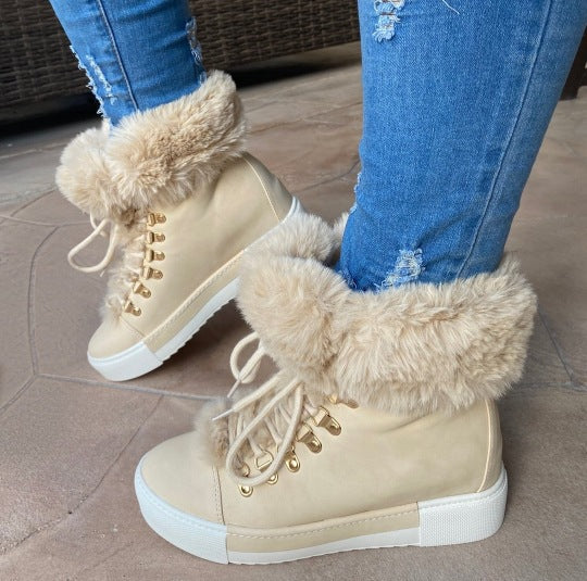 Short-tube Long-haired Leather Snow Boots