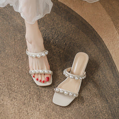 Thick-heeled Pearl Crystal Slippers