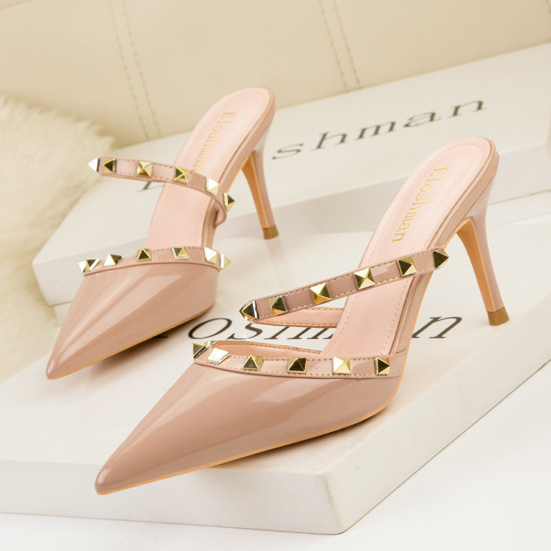 Pointed Metal Rivet Patent Leather Sandals